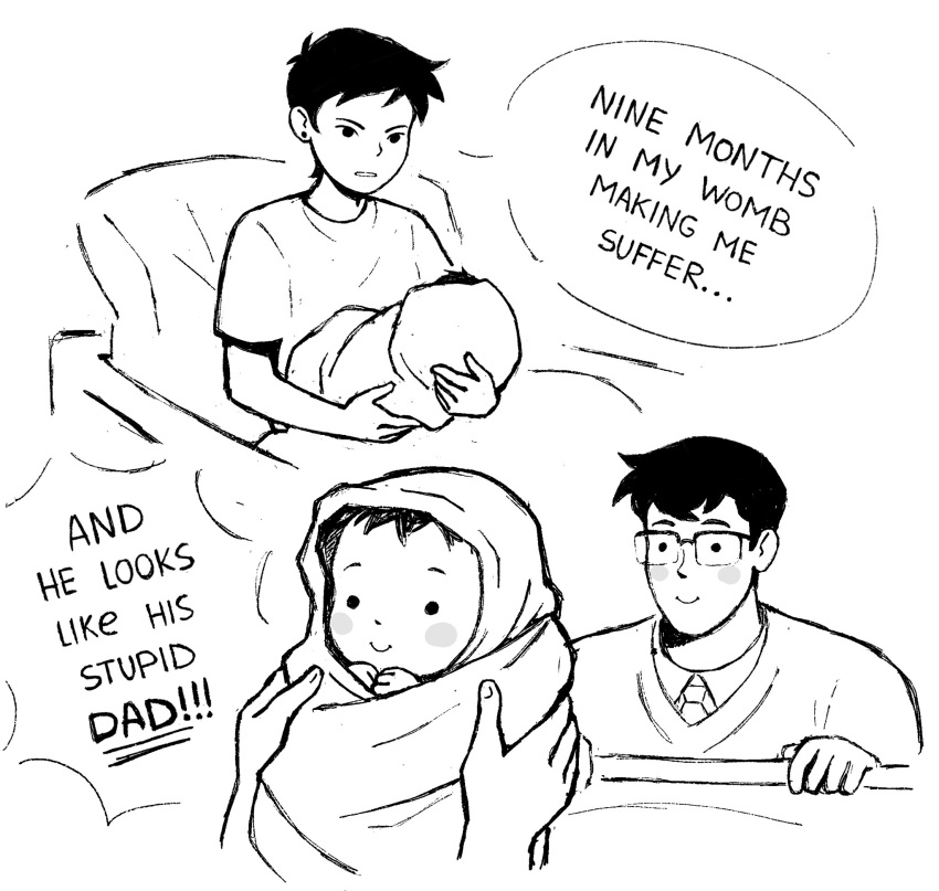 ._., 1girl, 2boys, and_he_looks_like_his_stupid_dad_(meme), baby, bed, black_hair, blush_stickers