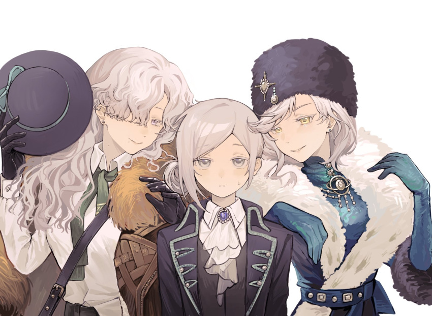 3girls, :|, arm_out_of_sleeve, ascot, bag, black_bag, black_coat, black_gloves