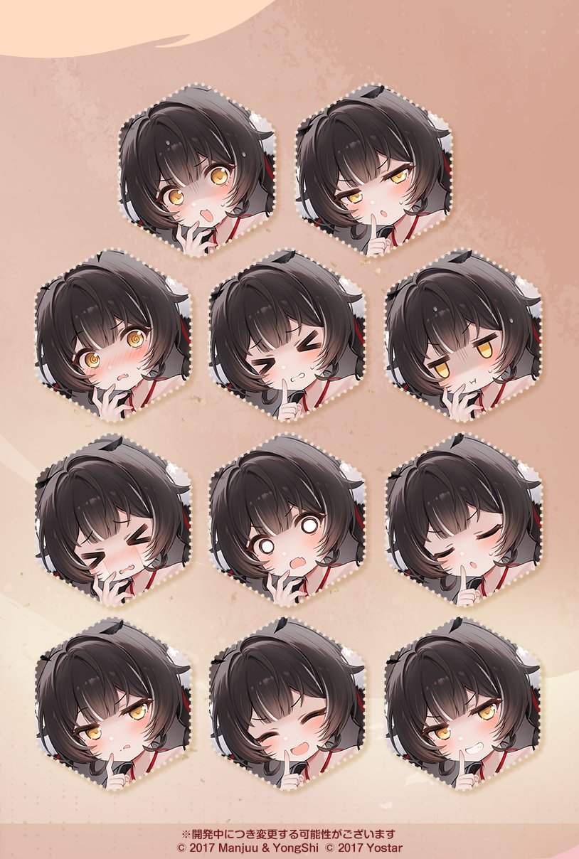 >_<, 1girl, @_@, azur_lane, black_hair, blush, closed_eyes, closed_mouth, crying, expressions, fang, finger_to_mouth, fu_po_(azur_lane), grin, highres, looking_at_viewer, multicolored_hair, official_alternate_costume, official_art, parted_lips, shaded_face, shushing, skin_fang, smile, solo, streaked_hair, streaming_tears, surprised, sweatdrop, tears, white_hair, yellow_eyes