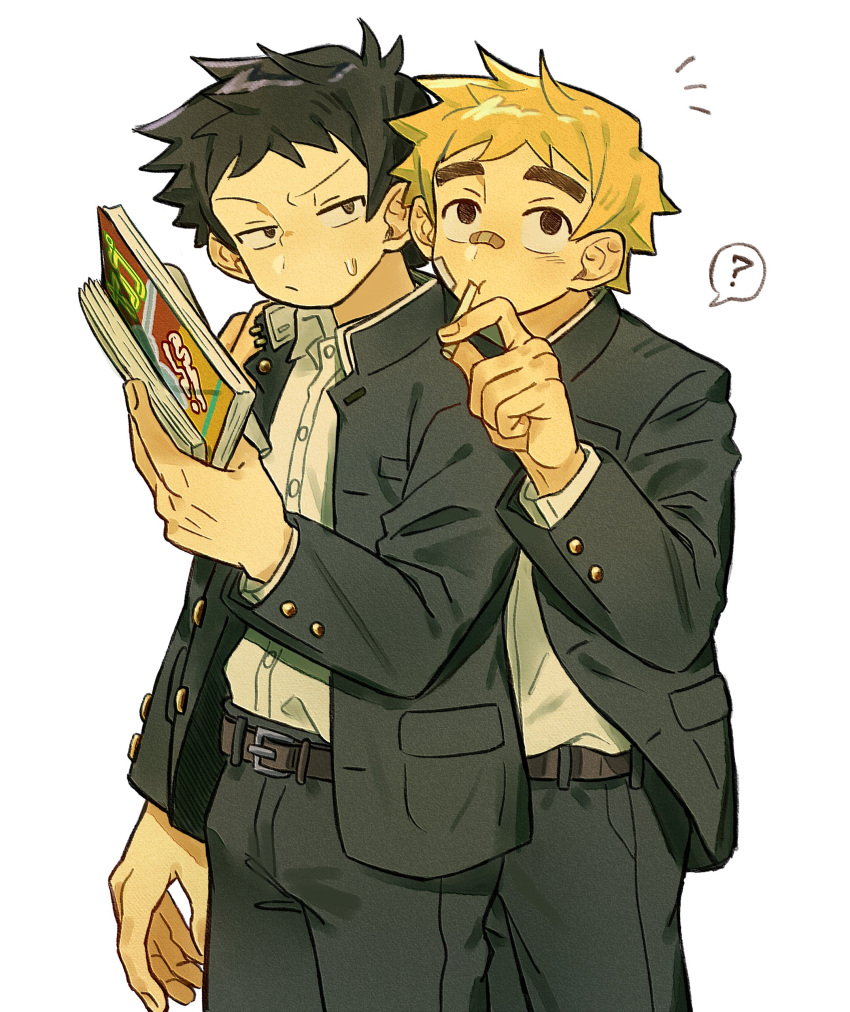 2boys, ?, absurdres, bandaid, bandaid_on_face, bandaid_on_nose, black_hair, black_jacket