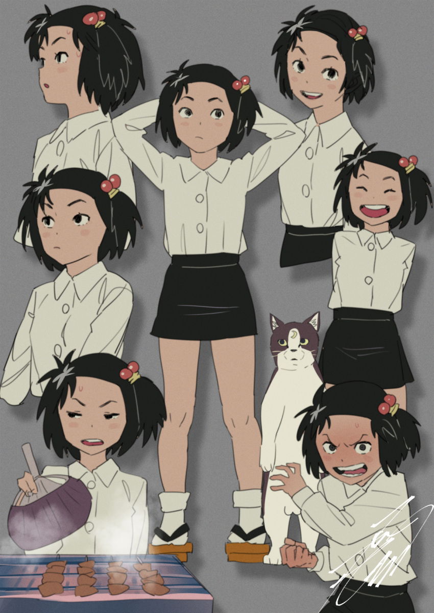 1girl, :d, blush, closed_eyes, collared_shirt, hair_bobbles, hair_ornament, highres