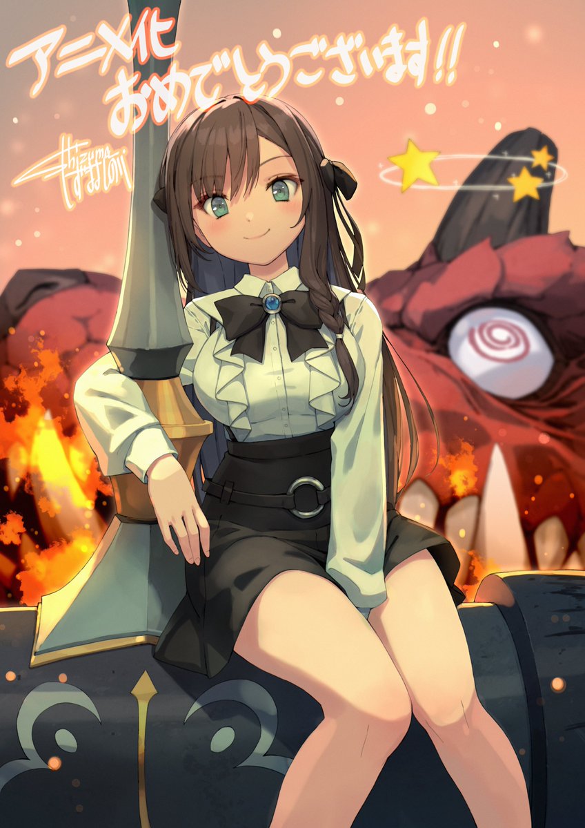 1girl, @_@, alina_clover, black_bow, black_bowtie, black_hair, black_ribbon, black_skirt