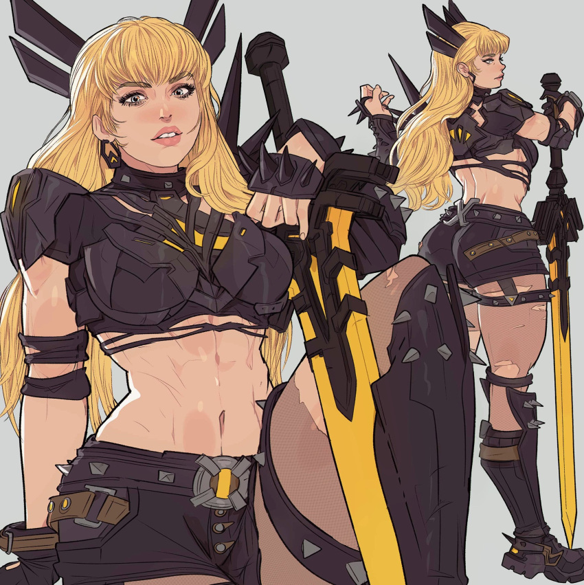 1girl, abs, armor, belt, black_gloves, blonde_hair, breasts, clothing_cutout, earrings, elbow_spikes, gloves, highres, holding, holding_sword, holding_weapon, huge_weapon, illyana_rasputina, jewelry, knee_up, long_hair, looking_at_viewer, magik_(x-men), marvel, marvel_rivals, midriff, multiple_views, navel, open_mouth, short_shorts, shorts, simple_background, solo, spiked_pauldrons, standing, sword, toned, weapon, x-men, yoracrab