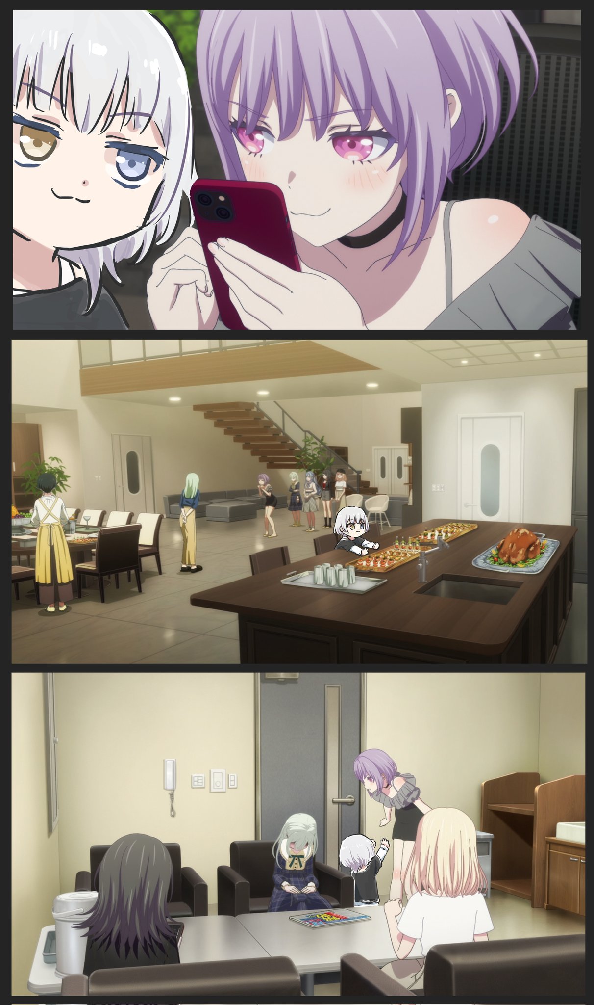 6+girls, :3, ave_mujica_(bang_dream!), bang_dream!, bang_dream!_it's_mygo!!!!!, black_choker, black_hair, blonde_hair, blue_dress, blue_eyes, blue_hair, cellphone, chair, choker, commentary_request, dress, green_hair, grey_shirt, heterochromia, highres, holding, holding_phone, indoors, kaname_raana, long_hair, lyy, misumi_uika, mori_minami, mother_and_daughter, multiple_girls, phone, purple_hair, shirt, short_hair, short_sleeves, smartphone, standing, togawa_sakiko, trait_connection, wakaba_mutsumi, white_hair, white_shirt, yahata_umiri, yellow_eyes, yuutenji_nyamu