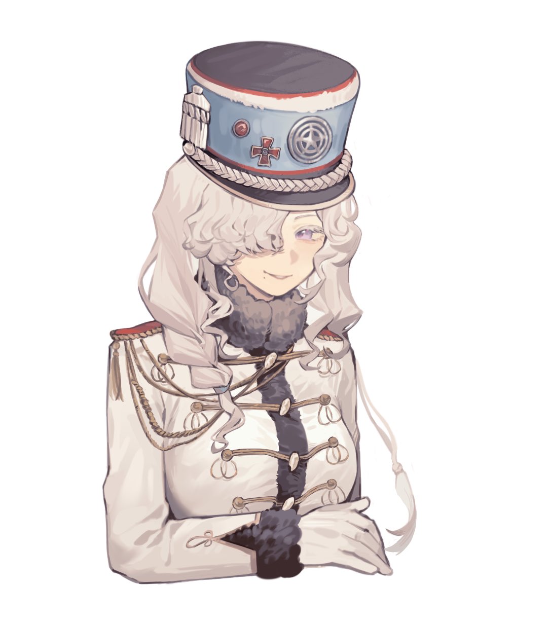 1girl, aiguillette, alternate_costume, band_uniform, blue_hat, braid, colored_eyelashes, cropped_torso