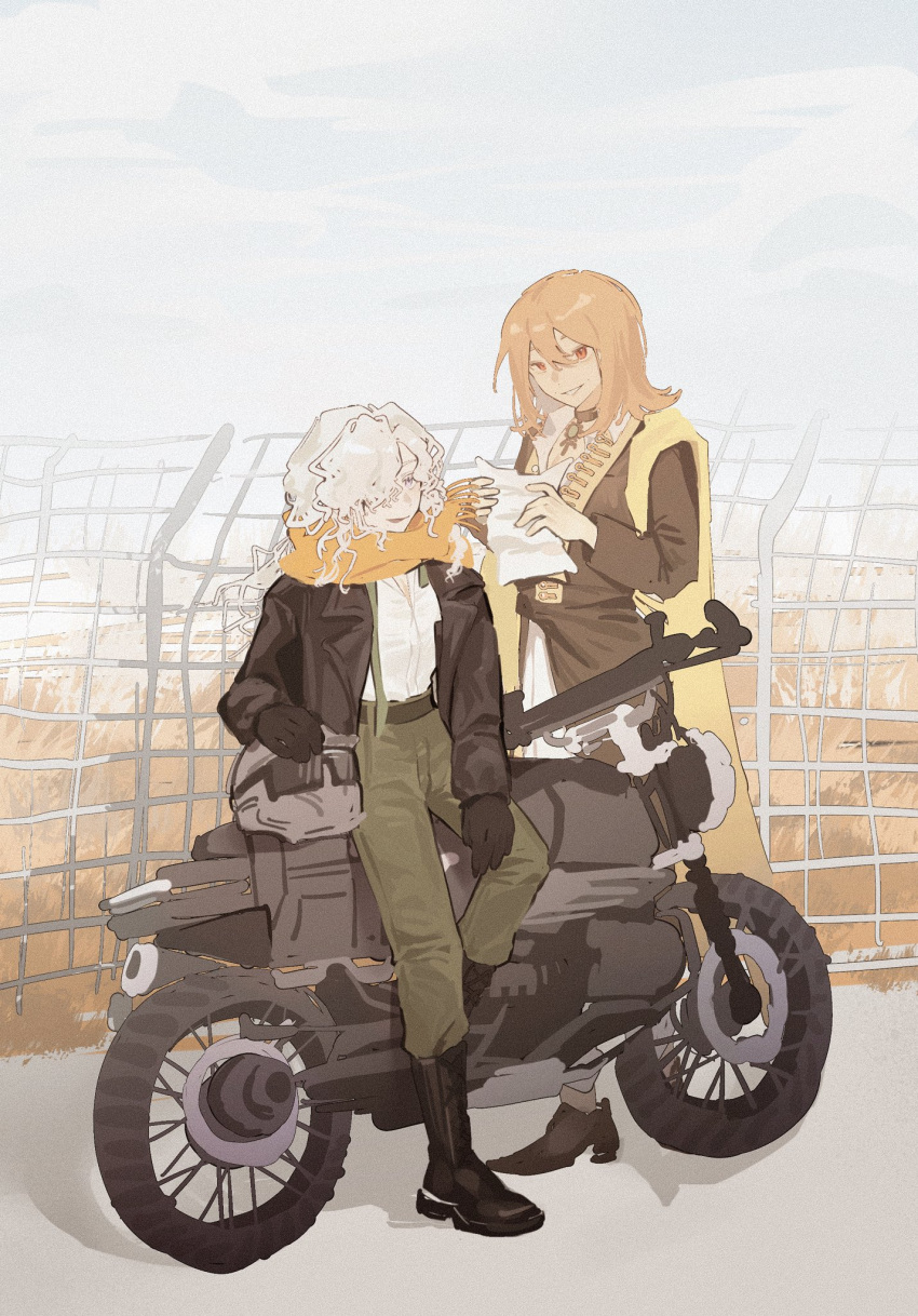 2girls, black_footwear, black_gloves, black_jacket, blonde_hair, boots, brown_jacket, chain-link_fence, curly_hair, fence, full_body, gloves, green_necktie, green_pants, grin, hair_between_eyes, hair_over_one_eye, helmet, highres, jacket, leaning_against_motorcycle, long_hair, looking_at_viewer, mingzhaichuan, motor_vehicle, motorcycle, motorcycle_helmet, multiple_girls, necktie, official_alternate_costume, one_eye_covered, open_clothes, open_jacket, outdoors, pants, parted_lips, red_eyes, reverse:1999, scarf, shawl, shirt, sky, smile, standing, standing_on_one_leg, tennant_(reverse:1999), tennant_(roaming_in_delhi)_(reverse:1999), undone_necktie, unworn_headwear, unworn_helmet, violet_eyes, white_hair, white_shirt, white_sky, windsong_(reverse:1999), yellow_scarf, yellow_shawl
