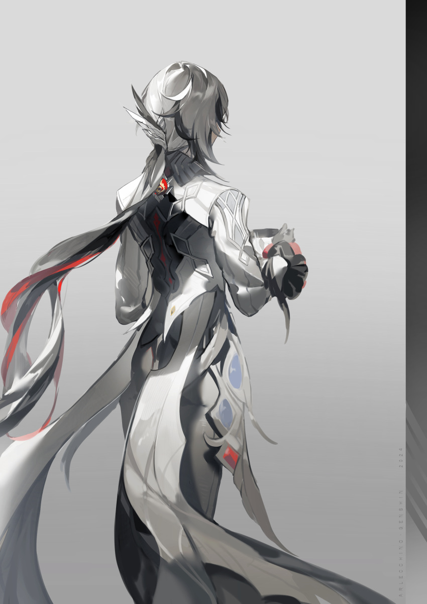 1girl, absurdres, arlecchino_(genshin_impact), back, black_hands, collared_jacket, colored_extremities, cup