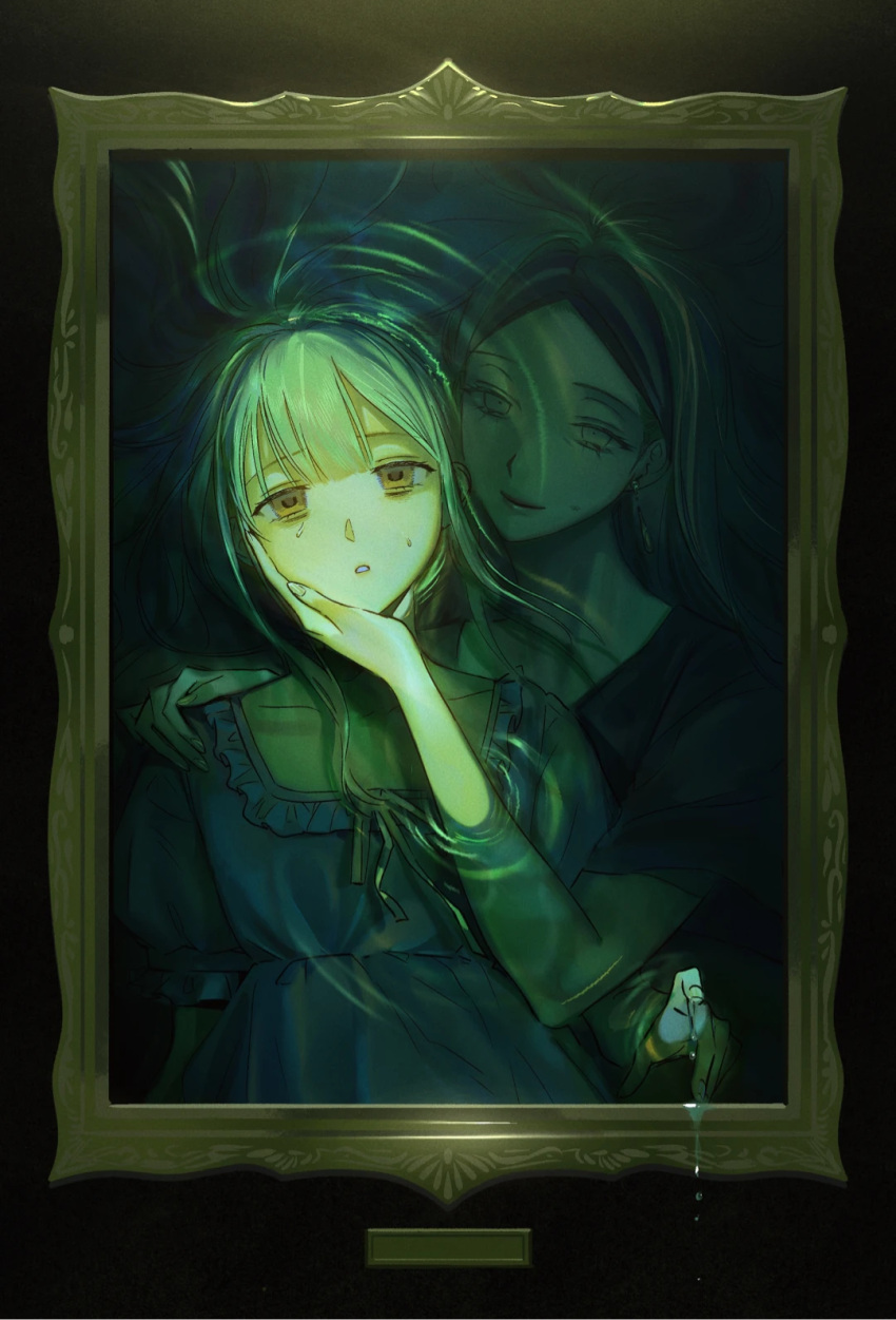 2girls, alternate_costume, asphyxiation, bags_under_eyes, bang_dream!, bang_dream!_it's_mygo!!!!!, black_shirt, center-flap_bangs