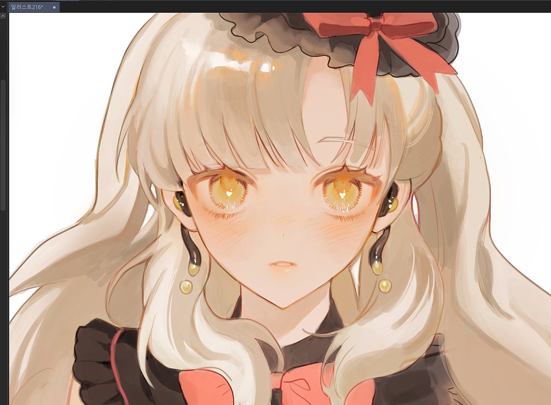1girl, art_program_in_frame, black_hat, black_shirt, blonde_hair, blush, bow, bowtie