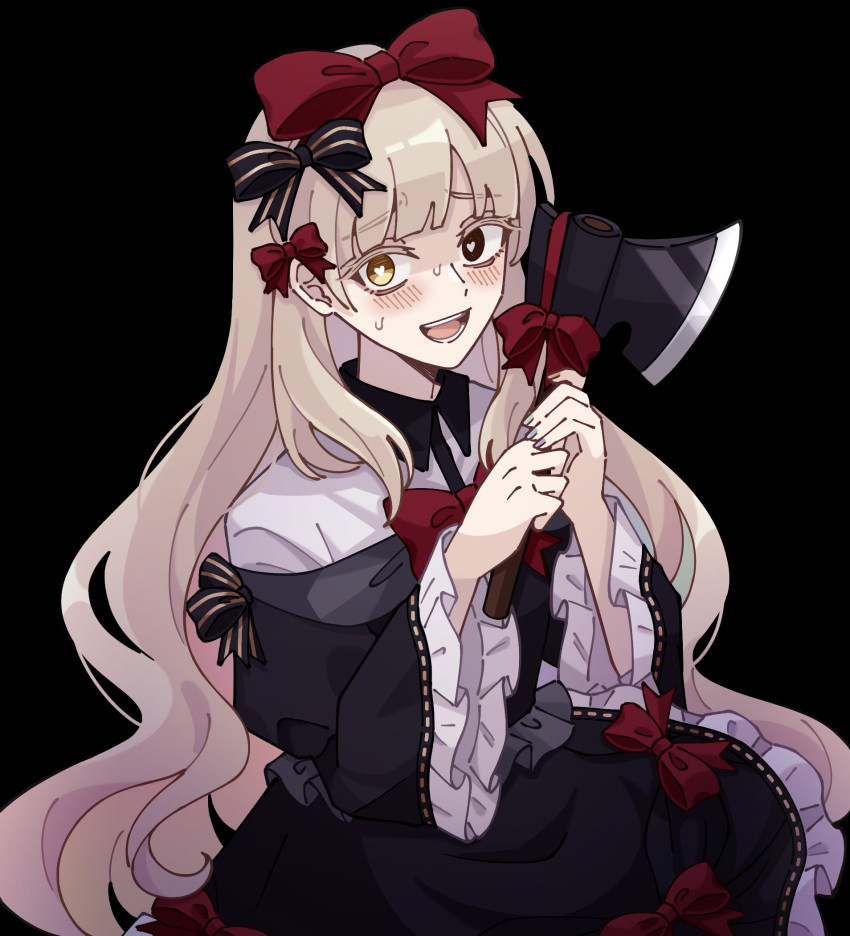 1girl, :d, axe, black_background, black_bow, black_dress, black_eyes, blonde_hair, blue_nails, blush, bow, bright_pupils, collared_shirt, colored_eyelashes, commentary, dress, dress_bow, frilled_dress, frilled_sleeves, frills, from_above, green_nails, hair_bow, hair_over_shoulder, heart, heart-shaped_pupils, highres, holding, holding_axe, juliet_sleeves, long_hair, long_sleeves, looking_at_viewer, mayu_(vocaloid), multicolored_nails, off-shoulder_dress, off_shoulder, open_mouth, orange_nails, pastea, puffy_sleeves, purple_nails, red_bow, shirt, simple_background, smile, solo, sweat, symbol-shaped_pupils, teeth, tongue, two-handed, vocaloid, white_pupils, white_shirt, wide_sleeves, yellow_eyes