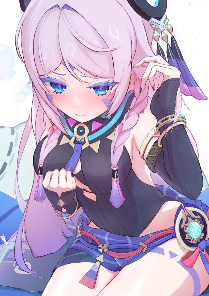 1girl, absurdres, bare_shoulders, blue_eyes, blush, braid, breasts, citlali_(genshin_impact)