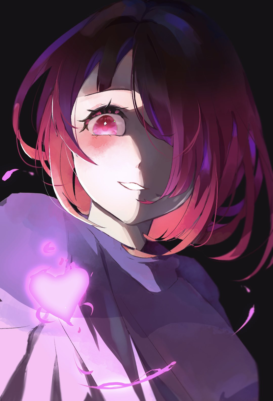 1girl, alternate_universe, backlighting, bete_noire, black_background, blush, brown_hair, commentary