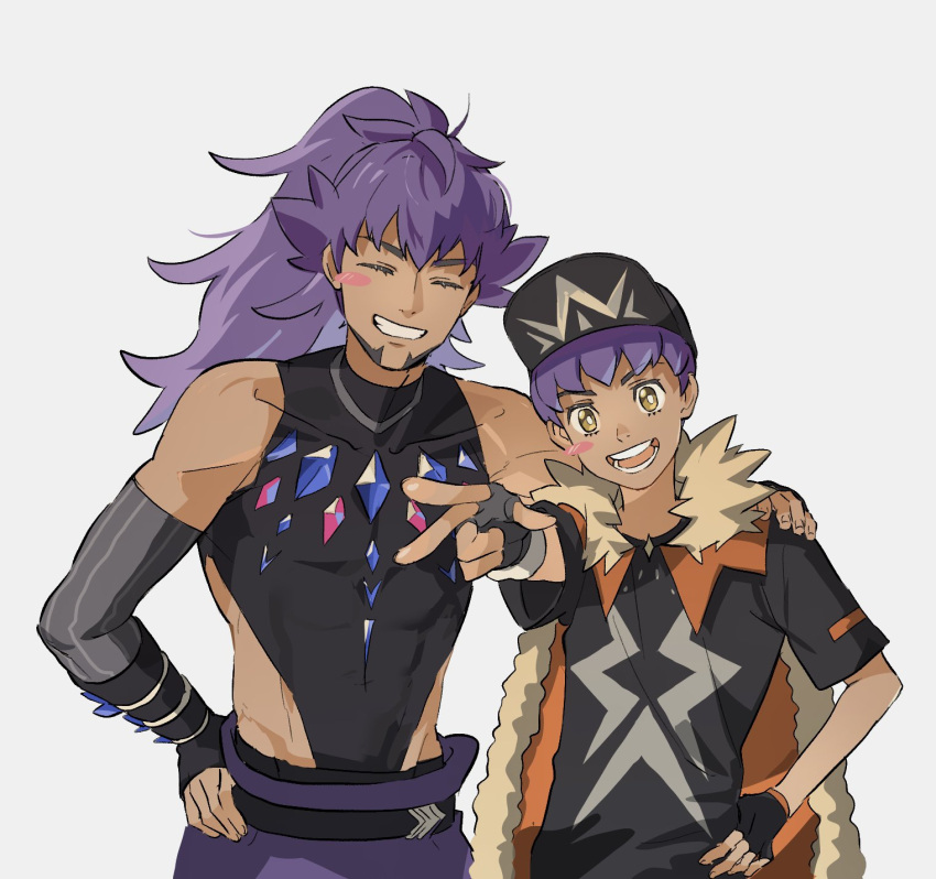 2boys, bare_shoulders, baseball_cap, black_gloves, black_hat, black_shirt, blue_gemstone, brothers