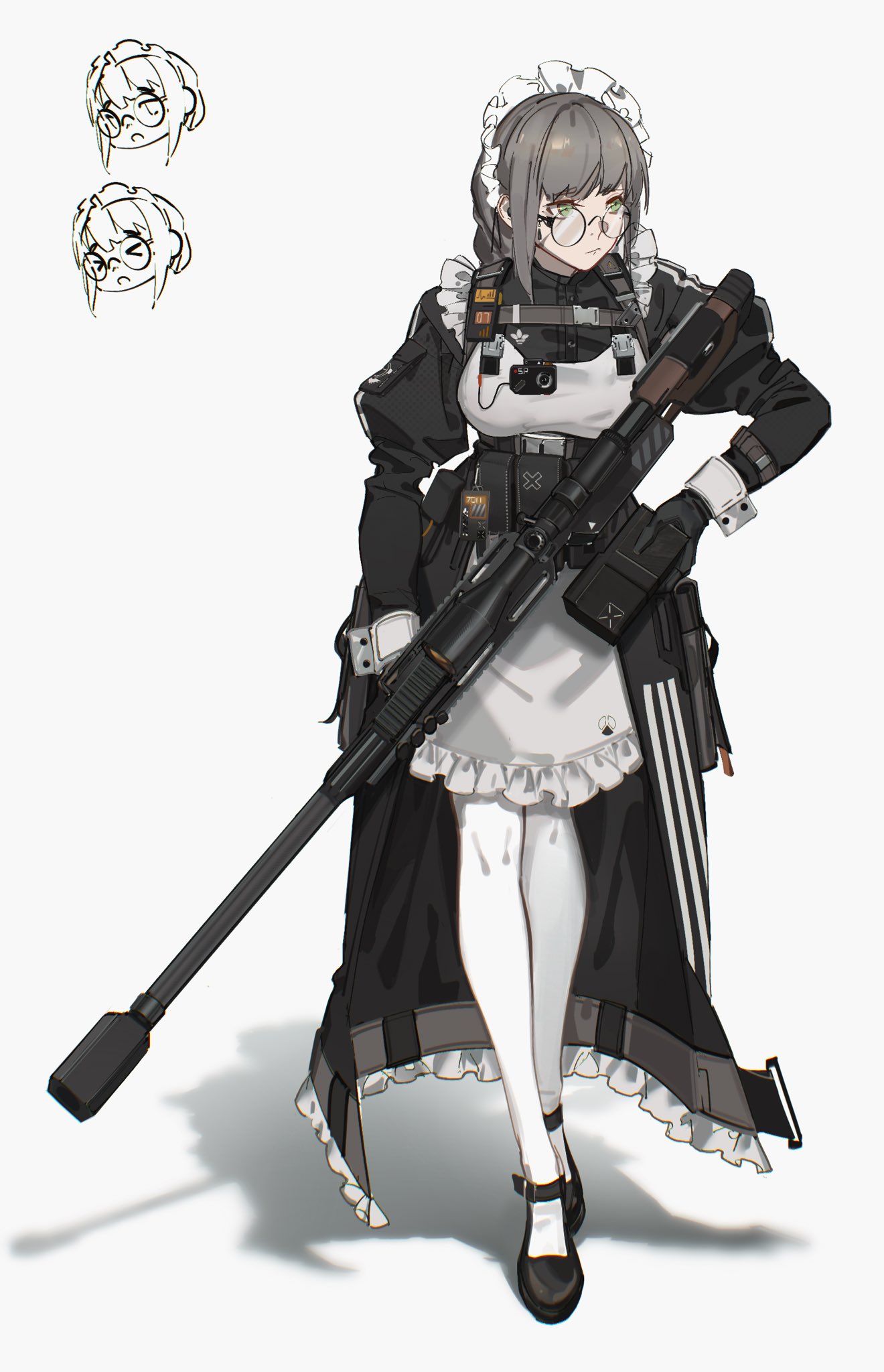 1girl, ammunition_pouch, anti-materiel_rifle, apron, black_dress, black_footwear, camera, chibi, double-parted_bangs, dress, frills, frown, gloves, green_eyes, gun, highres, holster, keycard, looking_to_the_side, maid, maid_apron, maid_headdress, mole, mole_under_eye, nilzynox, original, pouch, reloading, rifle, rigging, round_eyewear, sniper_rifle, solo, thigh-highs, weapon, white_background, white_thighhighs, wrist_cuffs