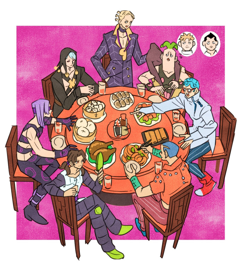 6+boys, bamboo_steamer, baozi, black_choker, black_coat, black_hat, black_pants, blonde_hair