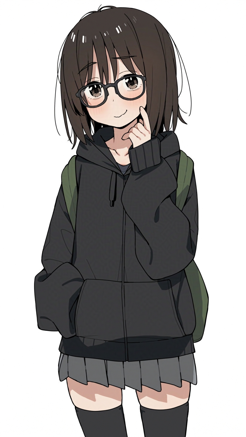 1girl, backpack, bag, black-framed_eyewear, blush, brown_eyes, brown_hair, closed_mouth