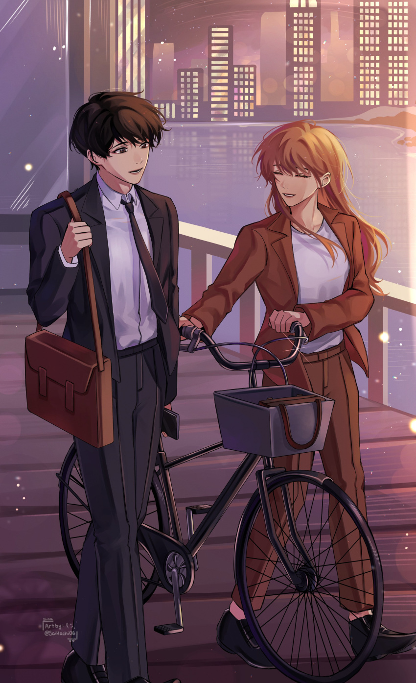 1boy, 1girl, absurdres, alt_text, bag, bicycle, black_eyes, black_footwear, black_hair, black_jacket, black_necktie, black_pants, brown_bag, brown_hair, brown_jacket, brown_pants, city, closed_eyes, collared_shirt, commentary, english_commentary, full_body, highres, jacket, kim_dokja, long_hair, necktie, omniscient_reader's_viewpoint, open_mouth, pants, saihachi06, shirt, short_hair, shoulder_bag, signature, smile, suit, very_short_hair, white_shirt, yoo_sangah