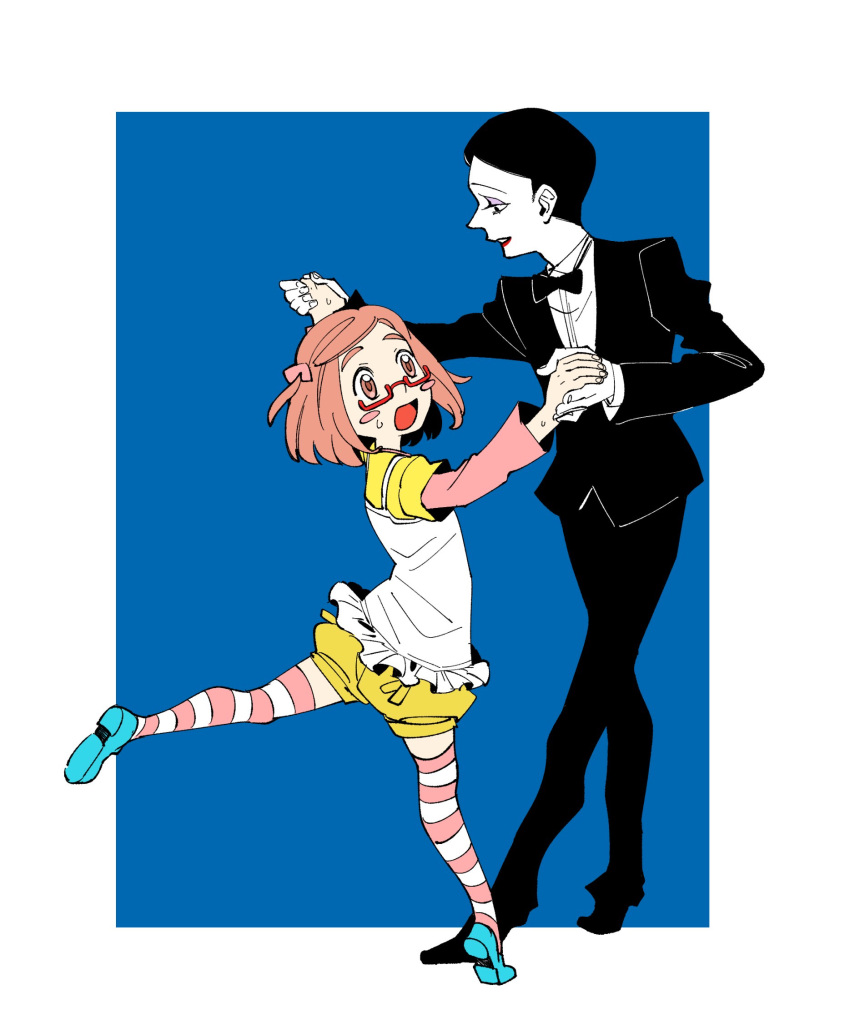 1192yukko, 1boy, 1girl, black_jacket, black_pants, black_ribbon, blue_background, blue_footwear