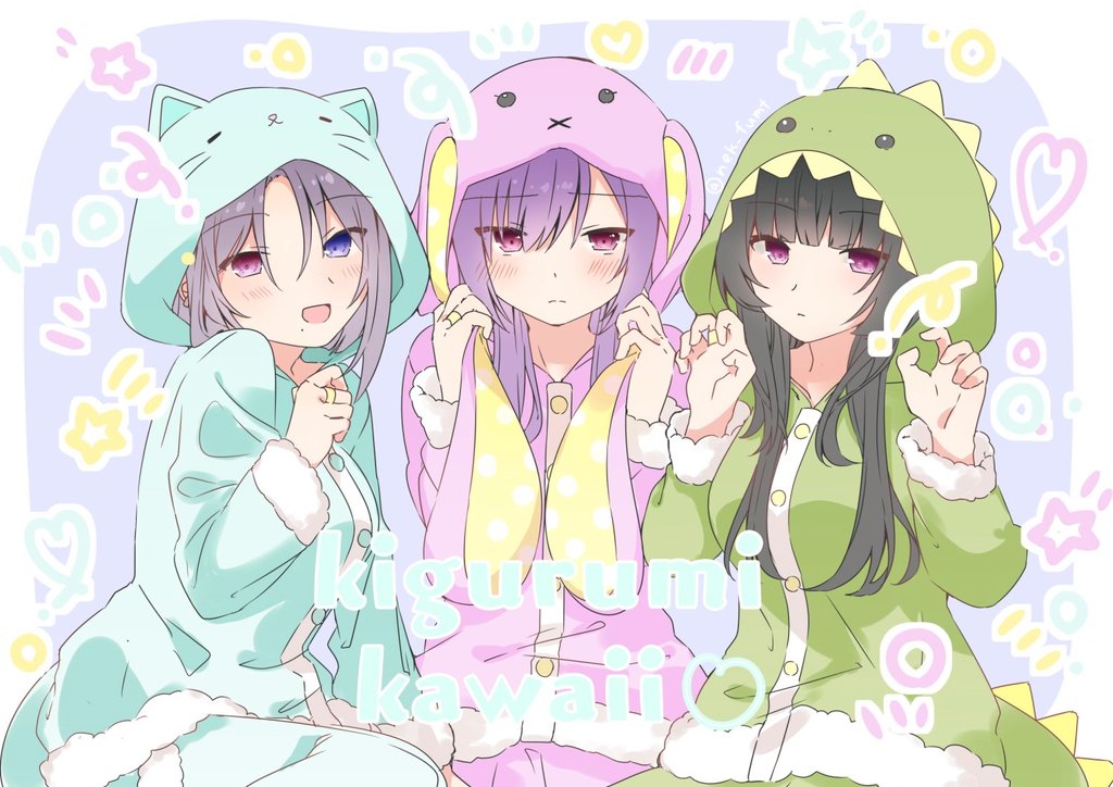 3girls, :d, :x, animal_ears, animal_hood, aqua_pajamas, aqua_panties, arm_at_side, assault_lily, benini, black_hair, blue_background, blue_eyes, blunt_bangs, blush, border, breasts, buttons, cat_ears, cat_hood, claw_pose, closed_mouth, commentary, cowboy_shot, dinosaur_hood, dinosaur_tail, fake_animal_ears, fake_tail, fur-trimmed_pajamas, fur-trimmed_sleeves, fur_trim, green_pajamas, green_pants, grey_hair, hair_between_eyes, hand_up, hands_up, heart, heterochromia, hood, hood_up, hooded_pajamas, jewelry, kagawa_makina, long_bangs, long_hair, long_sleeves, looking_at_viewer, matsumura_fuuka, medium_breasts, mole, mole_under_mouth, morimoto_yuni, multiple_girls, official_alternate_costume, open_mouth, outside_border, pajamas, panties, pants, parted_bangs, pink_eyes, pink_pajamas, pink_pants, purple_hair, rabbit_ears, rabbit_hood, ring, romaji_text, side-by-side, sidelocks, sitting, smile, star_(symbol), symbol-only_commentary, tail, underwear, white_border