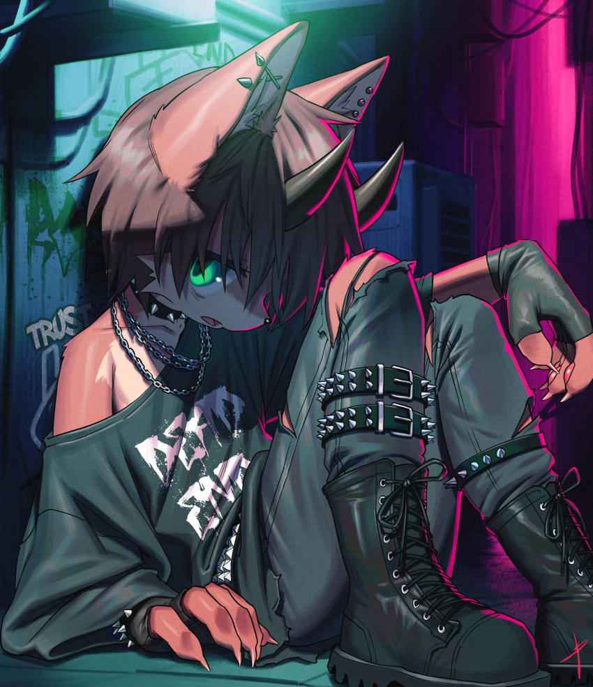 1boy, absurdres, animal_ear_piercing, animal_ears, backlighting, belt, black_footwear, black_pants, black_shirt, blaedic, boots, bracelet, brown_hair, chain, chain_necklace, choker, claws, collarbone, commission, fingerless_gloves, furry, furry_male, gloves, graffiti, green_eyes, highres, horns, jewelry, male_focus, necklace, open_mouth, original, pants, print_shirt, shirt, short_hair, sideways_glance, single_bare_shoulder, sitting, solo, spiked_bracelet, spiked_choker, spikes, studded_belt, torn_clothes, torn_pants