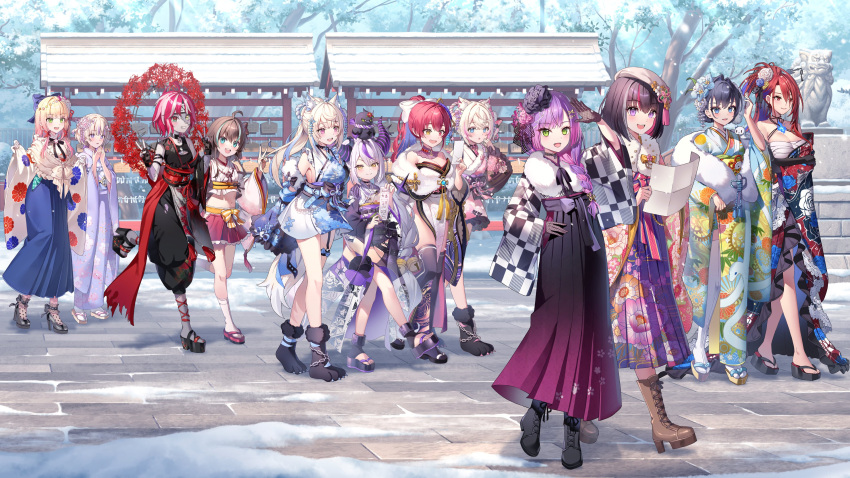 6+girls, absurdres, alternate_costume, alternate_hairstyle, artist_request, azki_(hololive), azki_(new_year)_(hololive), black_hair, blonde_hair, blue_hair, commentary_request, day, demon_girl, dog_girl, elizabeth_rose_bloodflame, elizabeth_rose_bloodflame_(new_year), fuwawa_abyssgard, fuwawa_abyssgard_(new_year), highres, hololive, hololive_dev_is, hololive_english, hololive_indonesia, houshou_marine, houshou_marine_(new_year), japanese_clothes, kimono, kureiji_ollie, kureiji_ollie_(new_year), la+_darknesss, la+_darknesss_(new_year), looking_at_viewer, mococo_abyssgard, mococo_abyssgard_(new_year), momosuzu_nene, momosuzu_nene_(new_year), multiple_girls, natsuiro_matsuri, natsuiro_matsuri_(new_year), official_alternate_costume, official_alternate_hairstyle, official_art, ouro_kronii, ouro_kronii_(new_year), outdoors, pink_hair, purple_hair, red_hair, second-party_source, todoroki_hajime, tokoyami_towa, tokoyami_towa_(new_year)