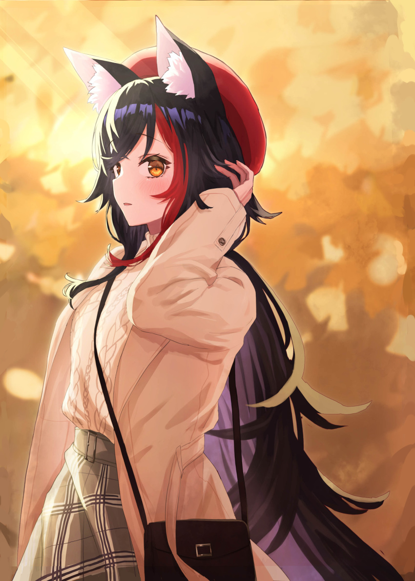 1girl, absurdres, alternate_costume, animal_ear_fluff, animal_ears, beret, black_hair, brown_cardigan