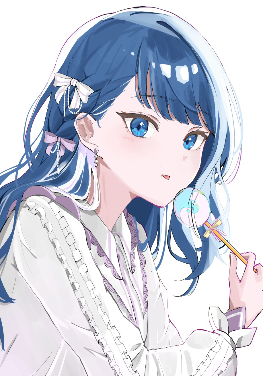 1girl, animal-themed_food, black_(kbym), bloom_festival_(project_sekai), blue_eyes, blue_hair, blunt_bangs, bow, braid, candy, collared_shirt, commentary, earrings, food, frilled_shirt, frills, hair_bow, highres, holding, holding_candy, holding_food, holding_lollipop, jewelry, kiritani_haruka, lollipop, long_hair, looking_at_viewer, official_alternate_costume, official_alternate_hair_length, official_alternate_hairstyle, project_sekai, purple_bow, shirt, solo, symbol-only_commentary, three_quarter_view, tongue, tongue_out, upper_body, white_bow, white_shirt
