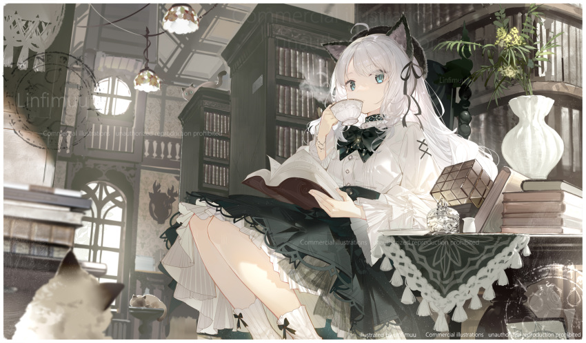 1girl, ahoge, animal, animal_ear_fluff, animal_ears, arknights, beret, black_bow