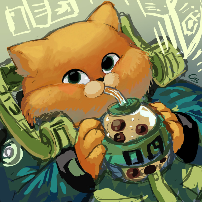 1boy, animal_ears, artist_name, bubble_tea, cat_boy, cat_ears, cat_nose, chinese_commentary