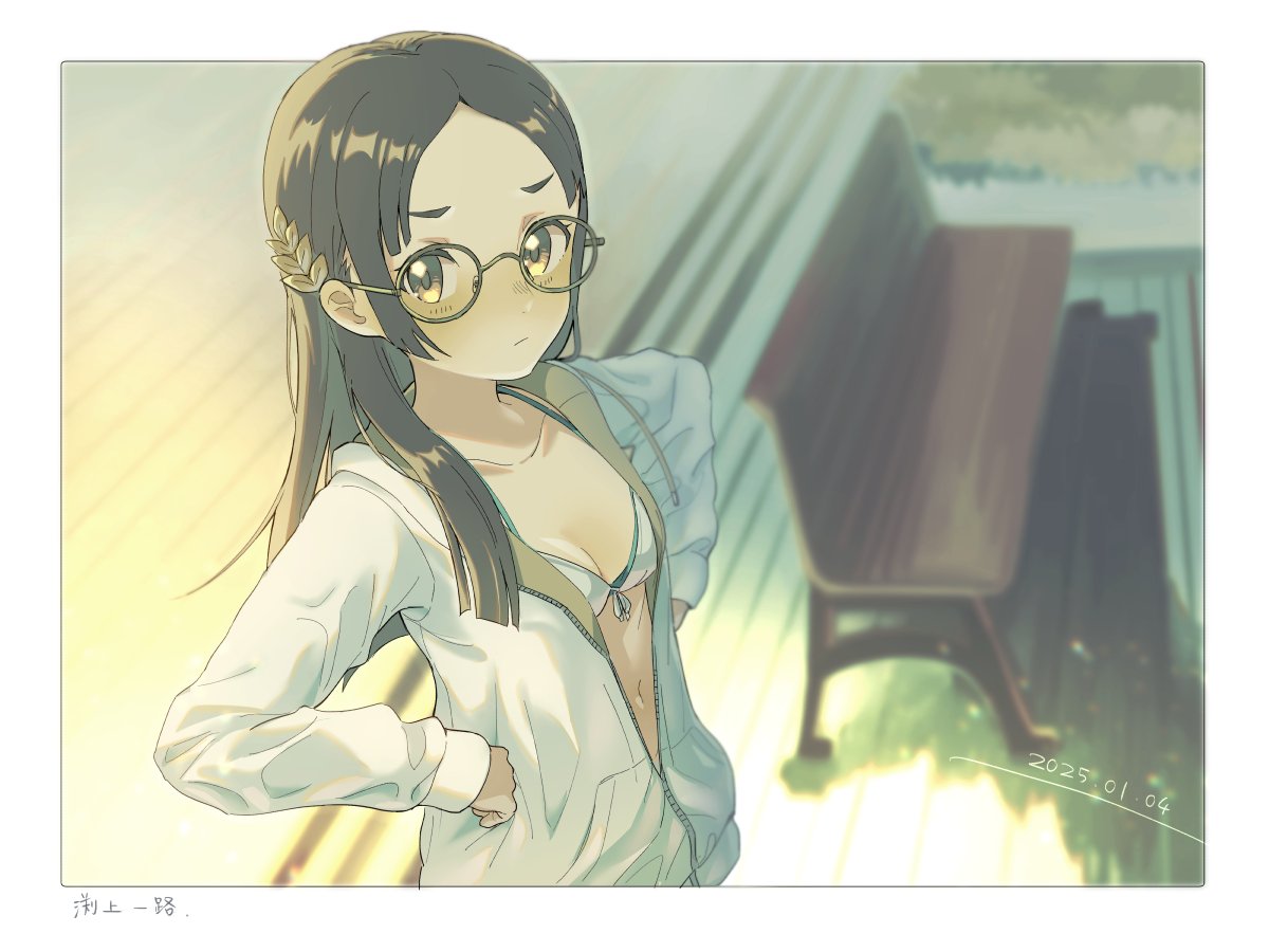 1girl, bench, bespectacled, bikini, blurry, blurry_background, blush, border