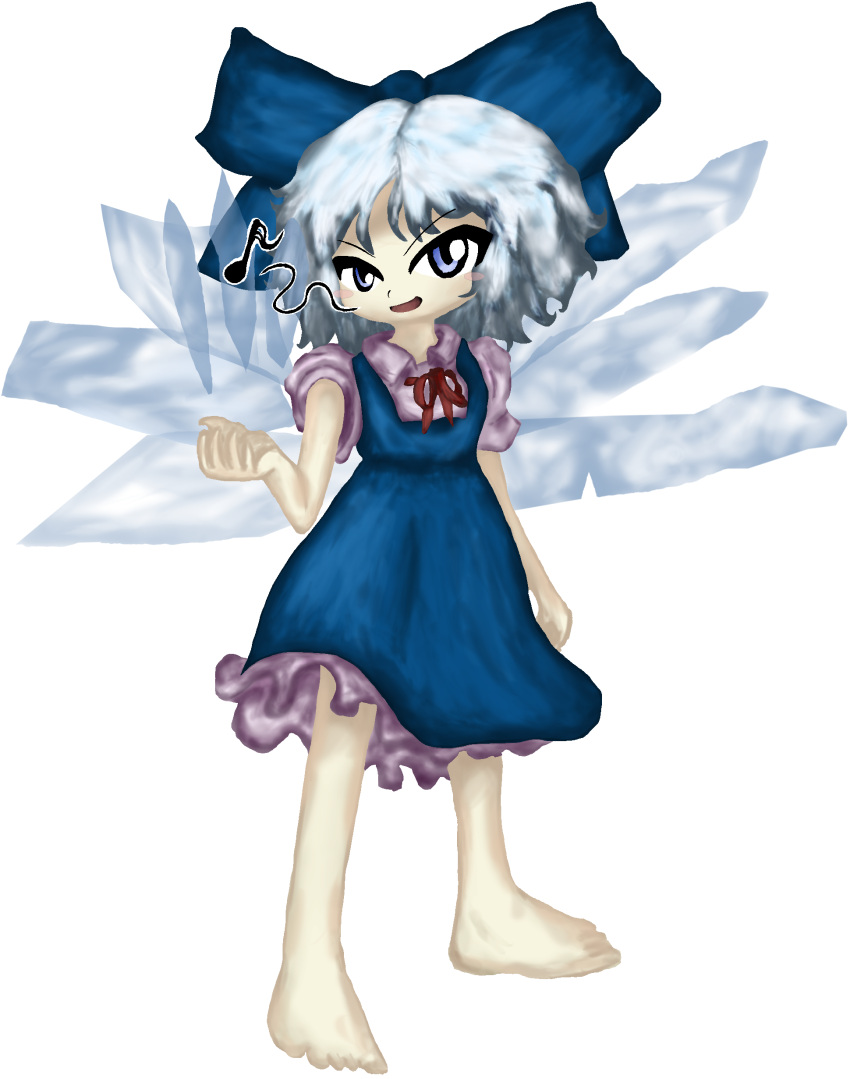 1girl, absurdres, barefoot, blue_dress, blue_eyes, blue_hair, cirno, cirno_day
