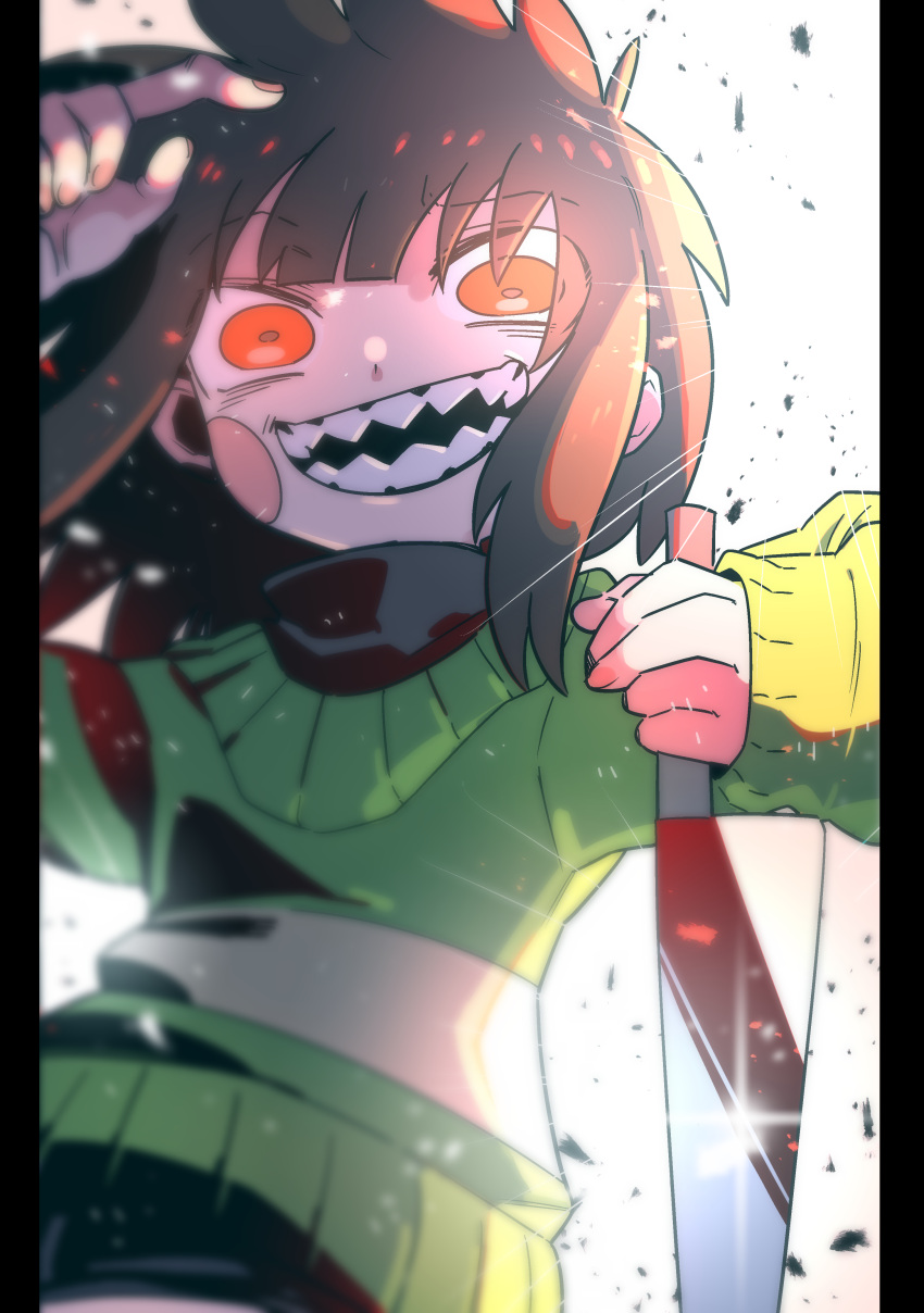 1other, absurdres, blush_stickers, brown_hair, chara_(undertale), evil_grin, evil_smile, green_sweater