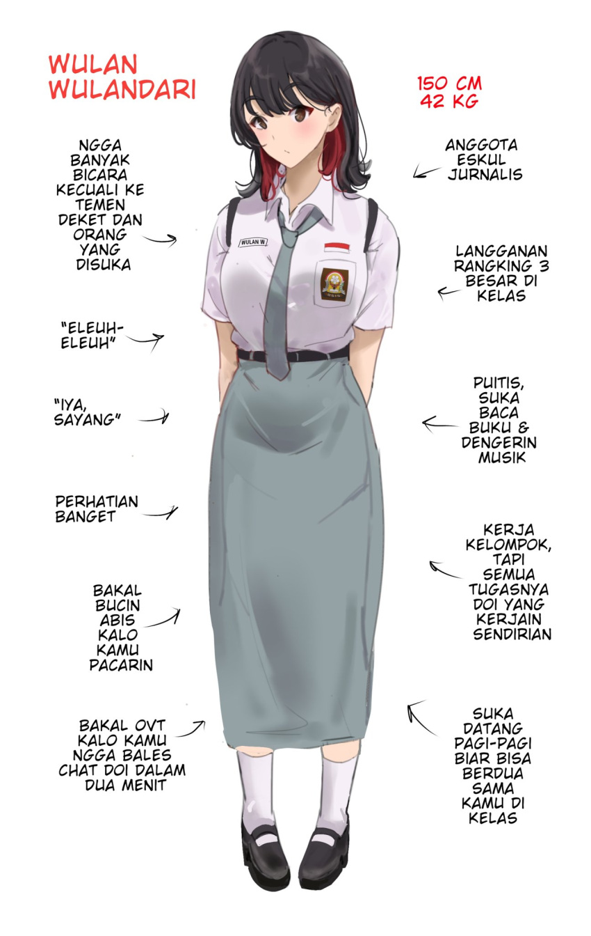 1girl, arrow_(symbol), arumanis_9, black_footwear, black_hair, breasts, brown_eyes, character_name, character_profile, closed_mouth, collared_shirt, colored_inner_hair, commentary_request, full_body, grey_necktie, grey_skirt, highres, indonesian_commentary, indonesian_flag, indonesian_high_school_uniform, indonesian_text, large_breasts, long_skirt, looking_at_viewer, mary_janes, medium_hair, multicolored_hair, necktie, original, red_hair, school_uniform, shirt, shoes, short_sleeves, simple_background, skirt, socks, solo, standing, swept_bangs, translation_request, white_background, white_shirt, white_socks