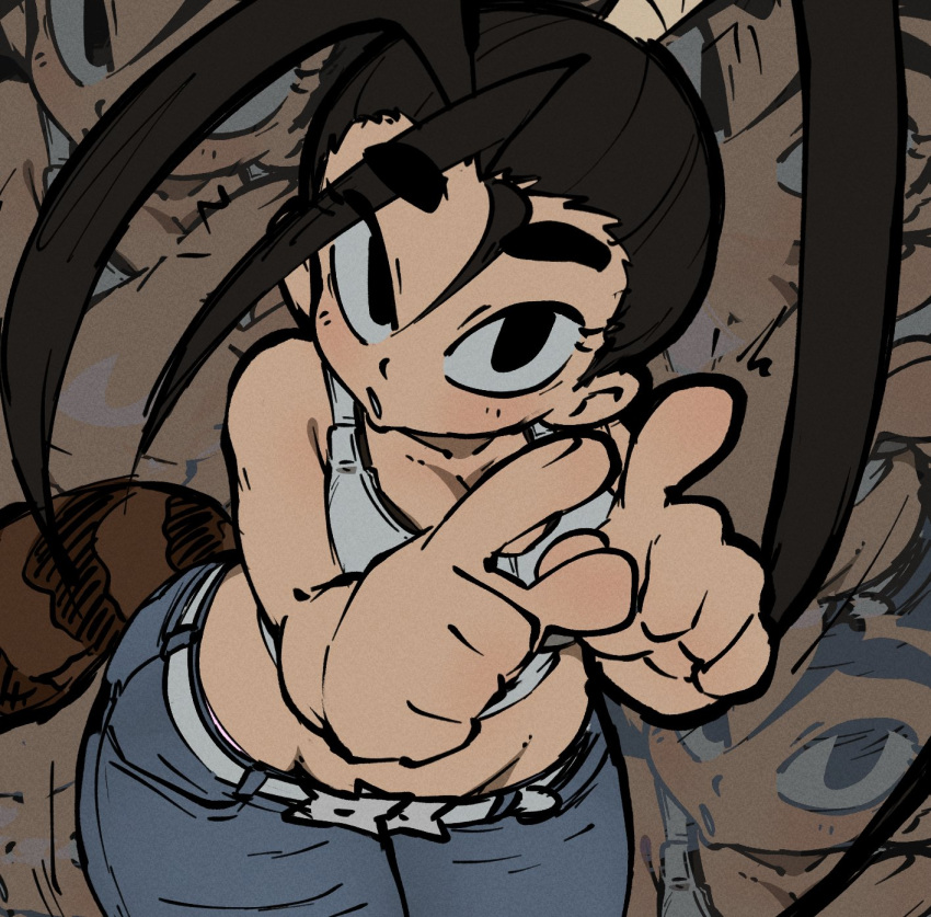 black_hair, denim, highres, ibuki_(street_fighter), jeans, jellot, pants, pointing
