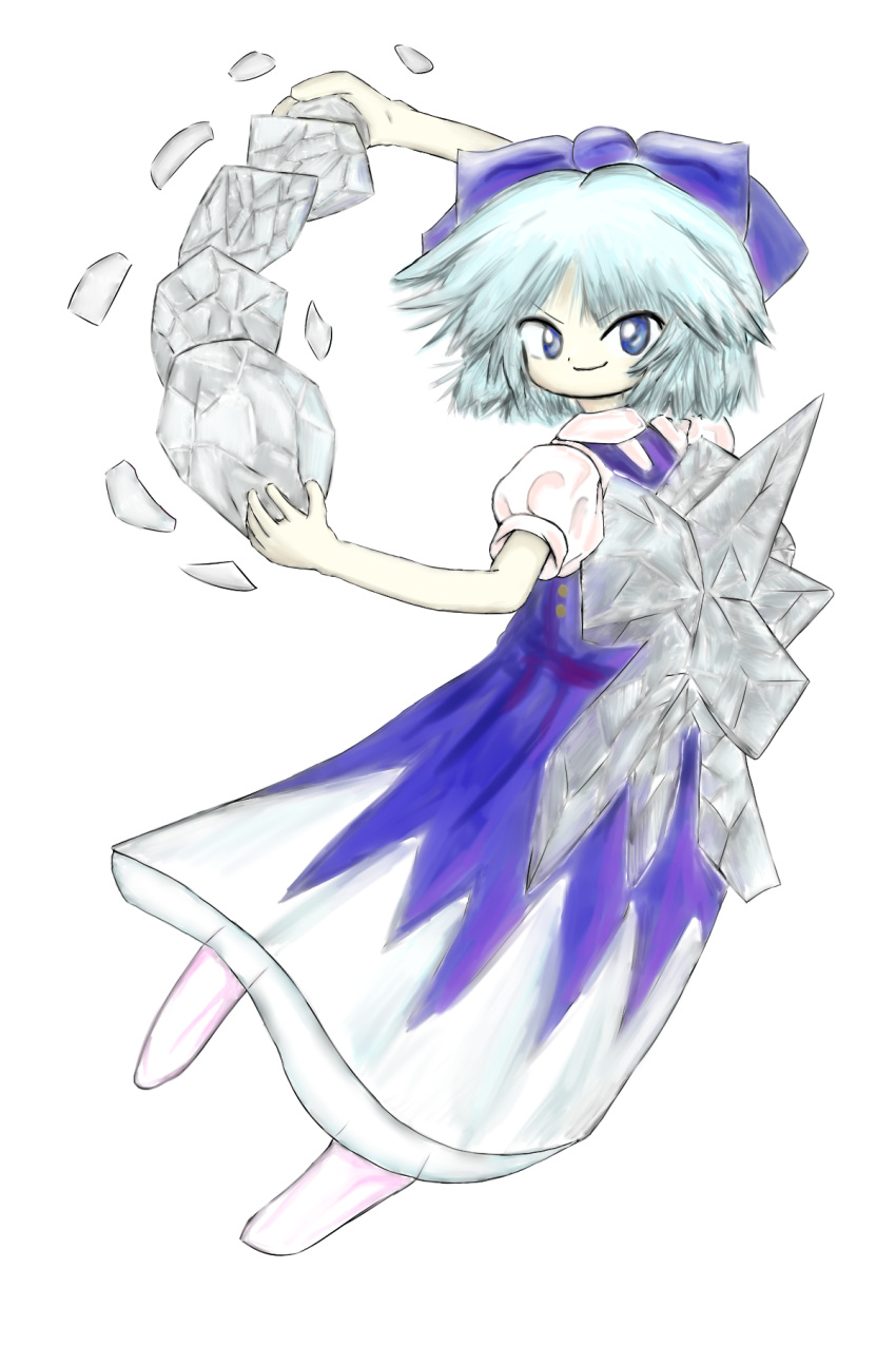 1girl, back, blue_dress, blue_eyes, blue_hair, bow, cirno, cirno_day