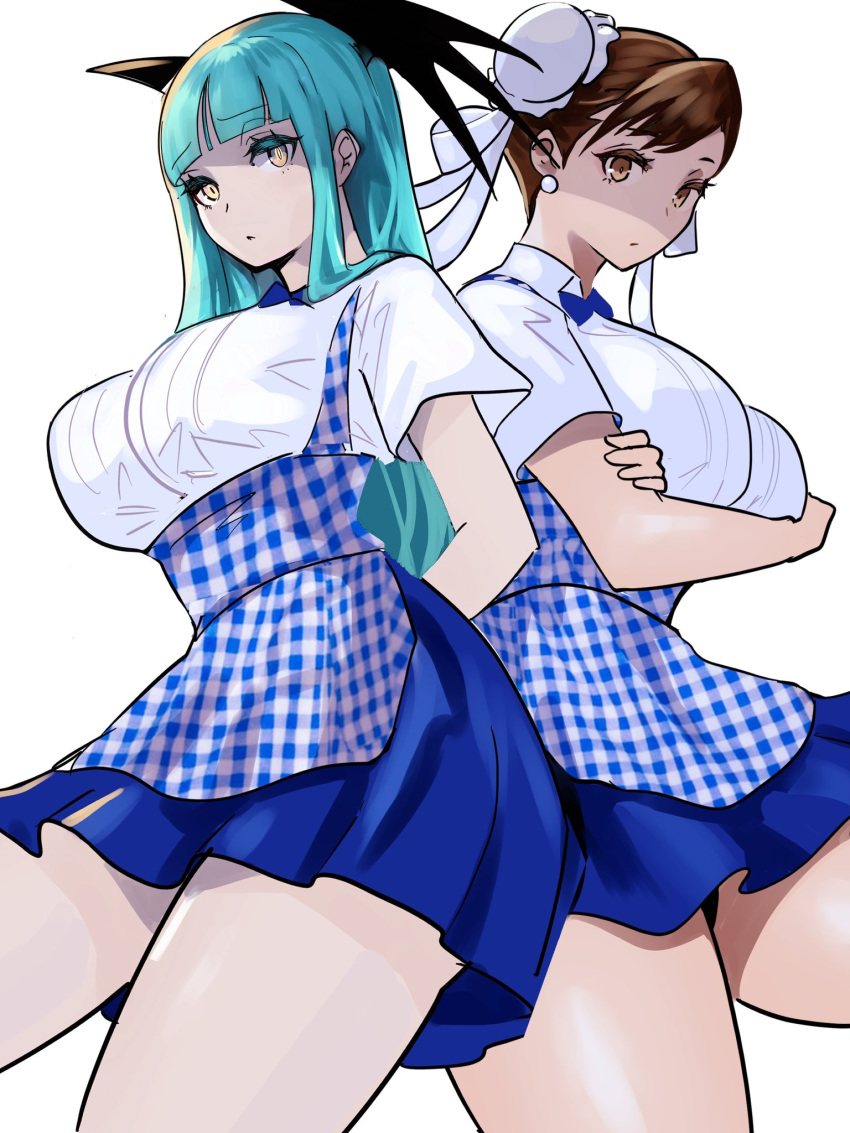 2girls, apron, bat_wings, blue_apron, blue_bow, blue_bowtie, blue_skirt, bow, bowtie, breasts, brown_eyes, brown_hair, checkered_apron, checkered_clothes, chun-li, crossed_arms, darkstalkers, double_bun, earrings, employee_uniform, gingham, gingham_apron, gingham_skirt, green_eyes, hair_bun, head_wings, high-waist_skirt, highres, jewelry, kobeya_uniform, large_breasts, long_hair, looking_at_viewer, meke_(77842928), morrigan_aensland, multiple_girls, plaid_apron, plaid_clothes, pleated_shirt, shirt, short_sleeves, skirt, smile, street_fighter, street_fighter_ii_(series), waitress, white_shirt, wings