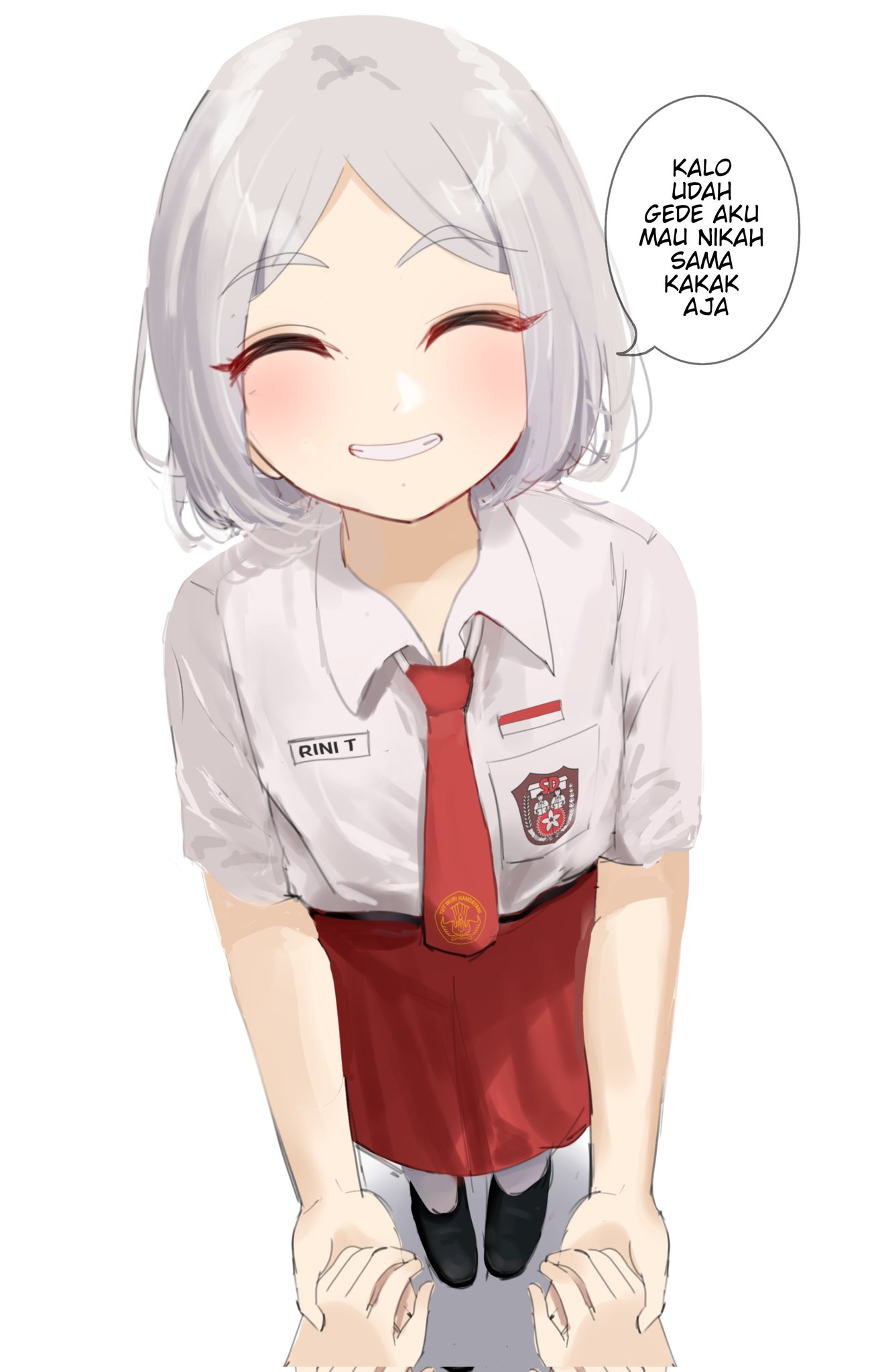 1girl, ^_^, aged_down, arumanis_9, black_footwear, blush, character_name, closed_eyes