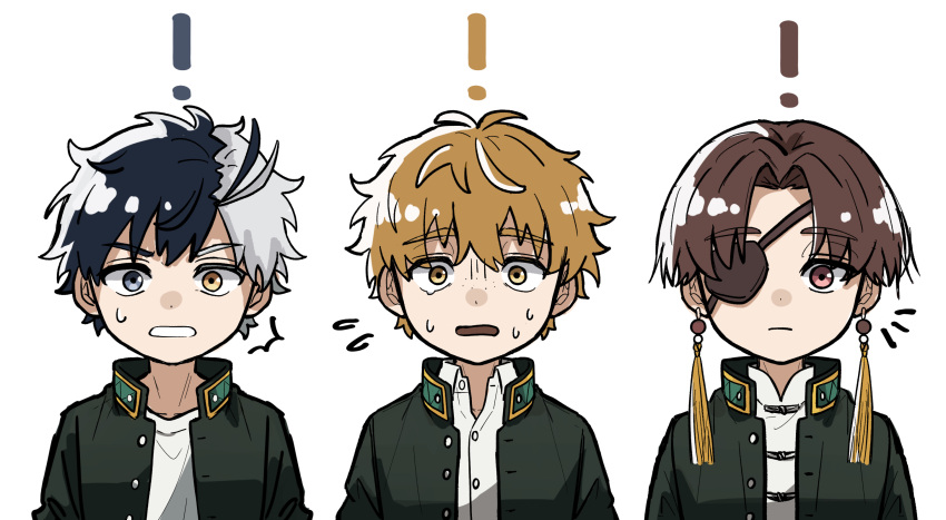 !, 3boys, blonde_hair, brown_eyes, brown_hair, clenched_teeth, closed_mouth, earrings