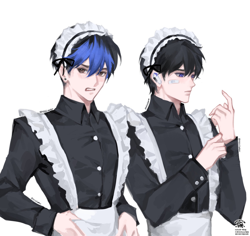 2boys, adjusting_sleeves, alternate_costume, apron, arm_up, arms_up, bandaid, bandaid_on_cheek