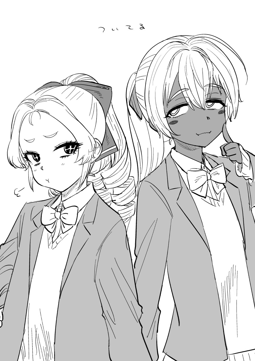 2boys, absurdres, blush_stickers, bow, bowtie, commentary_request, dankonji_mimi_(kaiman_garupan), dark-skinned_male