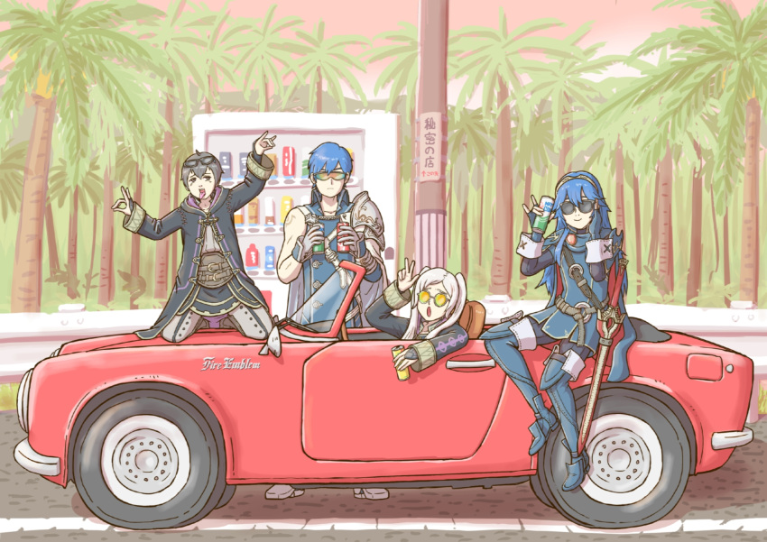 2boys, 2girls, anachronism, black_footwear, black_hair, black_robe, blue_hair, boots, can, car, choina-choina, chrom_(fire_emblem), closed_mouth, commentary_request, convertible, copyright_name, family, father_and_daughter, father_and_son, fire_emblem, fire_emblem_awakening, highres, holding, holding_can, husband_and_wife, kneeling, long_hair, long_sleeves, looking_at_viewer, lucina_(fire_emblem), morgan_(fire_emblem), morgan_(male)_(fire_emblem), mother_and_daughter, mother_and_son, motor_vehicle, multiple_boys, multiple_girls, on_car, open_clothes, open_robe, palm_tree, red_car, road, robe, robin_(female)_(fire_emblem), robin_(fire_emblem), short_hair, single_sleeve, sitting, smile, standing, sunglasses, sunset, thigh_boots, tinted_eyewear, translation_request, tree, twintails, utility_pole, v, vending_machine, white_footwear, white_hair, white_wrist_cuffs, wrist_cuffs, yellow-tinted_eyewear