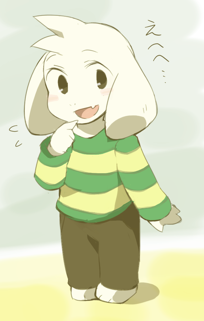 1boy, 2016, 2d, anthro, asriel_dreemurr, coffeejelly739, digital_media, floppy_ears, flying_sweatdrops, full_body, furry, furry_male, goat, goat_boy, goat_ears, green_shirt, grey_background, long_sleeves, male, mammal, monster, monster_boy, pants, simple_background, solo, standing, striped, striped_shirt, undertale, white_fur, yellow_stripes
