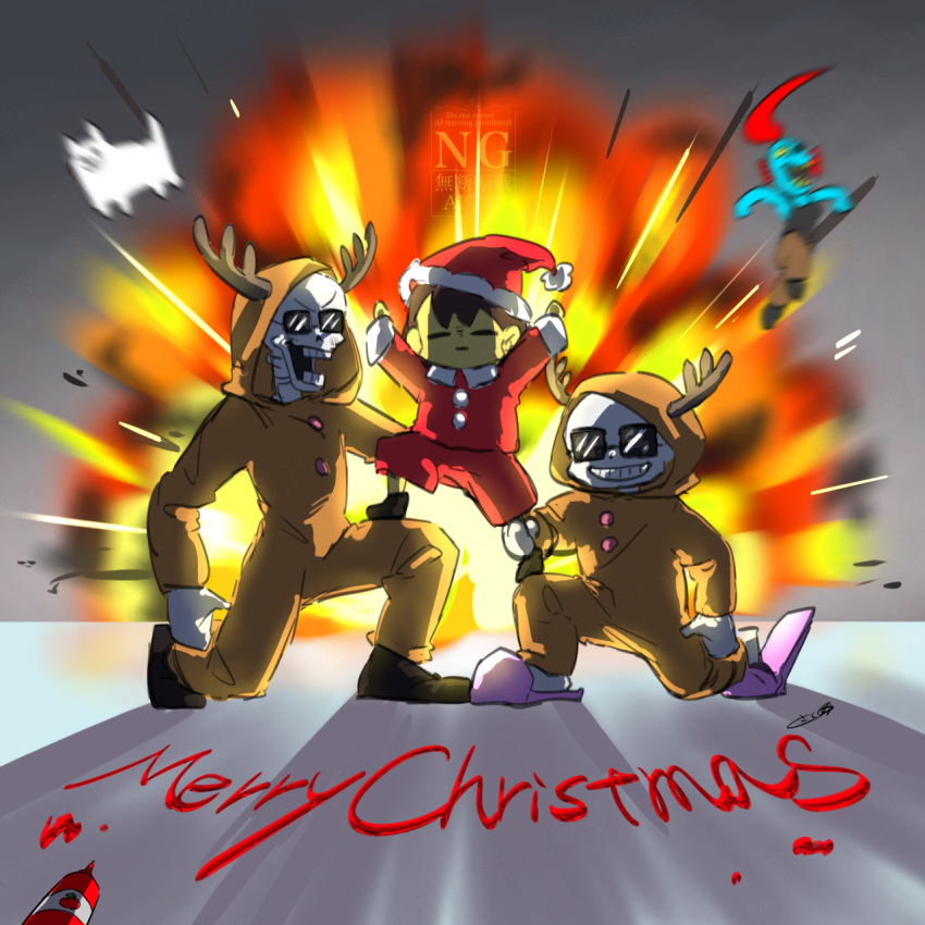 1girl, 2024, 2boys, 2d, alternate_costume, animal, animal_costume, animal_hood, annoying_dog, anthro, antlers, backlighting, black_eyepatch, brothers, child, christmas, digital_media, dog, ear_fins, explosion, eyepatch, female, fins, fish, fish_girl, gloves, head_fins, high_ponytail, humanoid, ketchup, ketchup_bottle, kneeling, long_hair, male, merry_christmas, monster, monster_boy, monster_girl, multiple_boys, on_one_knee, papyrus_(undertale), pink_footwear, ponytail, reindeer_antlers, reindeer_costume, sakurasaku9129, sans_(undertale), santa_hat, sharp_teeth, siblings, skeleton, slippers, slit_pupils, squatting, sunglasses, teeth, undead, undertale, undyne