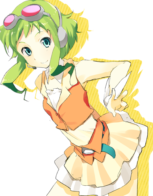 blue_eyes, ecocube, eka_eri, goggles, green_hair, gumi, headset, short_hair