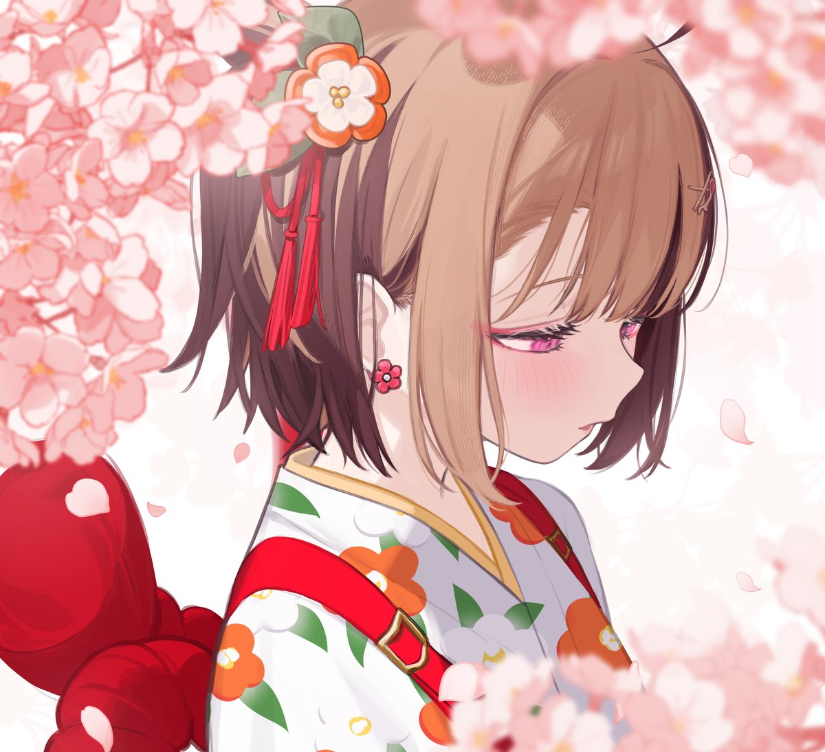 1girl, blonde_hair, brown_hair, cherry_blossoms, closed_mouth, earrings, falling_petals, floral_print