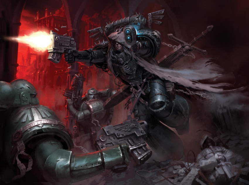 3boys, adeptus_astartes, armor, armor_writing, battle, bolter, broken_statue, brown_bag