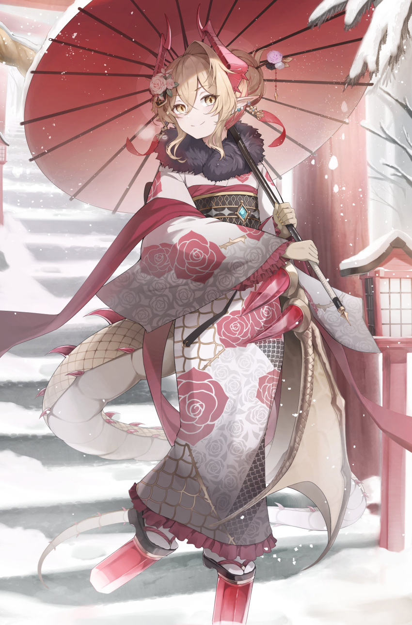 absurdres, blonde_hair, breasts, dragon_girl, dragon_horns, dragon_tail, dragon_wings, earrings