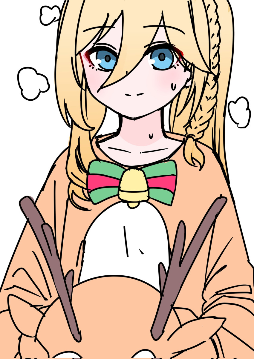 1girl, animal_costume, antlers, bell, bikeibikei, blonde_hair, blue_eyes, bow