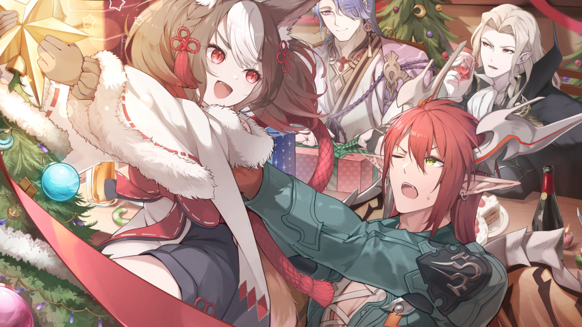 1girl, 3boys, absurdres, aluzard_(shadowverse), animal_ear_fluff, animal_ears, beer_mug, black_cape