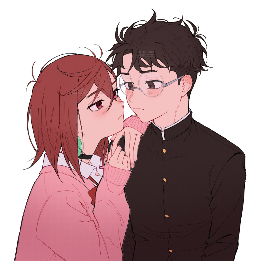 1boy, 1girl, absurdres, ayase_momo, black_choker, black_hair, black_jacket, blush